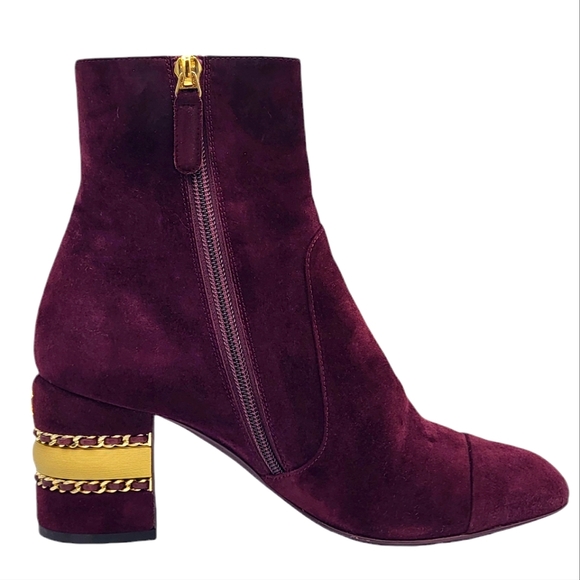 CHANEL CC Logo Cap Toe Suede Boots Double Stack Chain Burgundy 36.5 G36655 - Picture 6 of 16